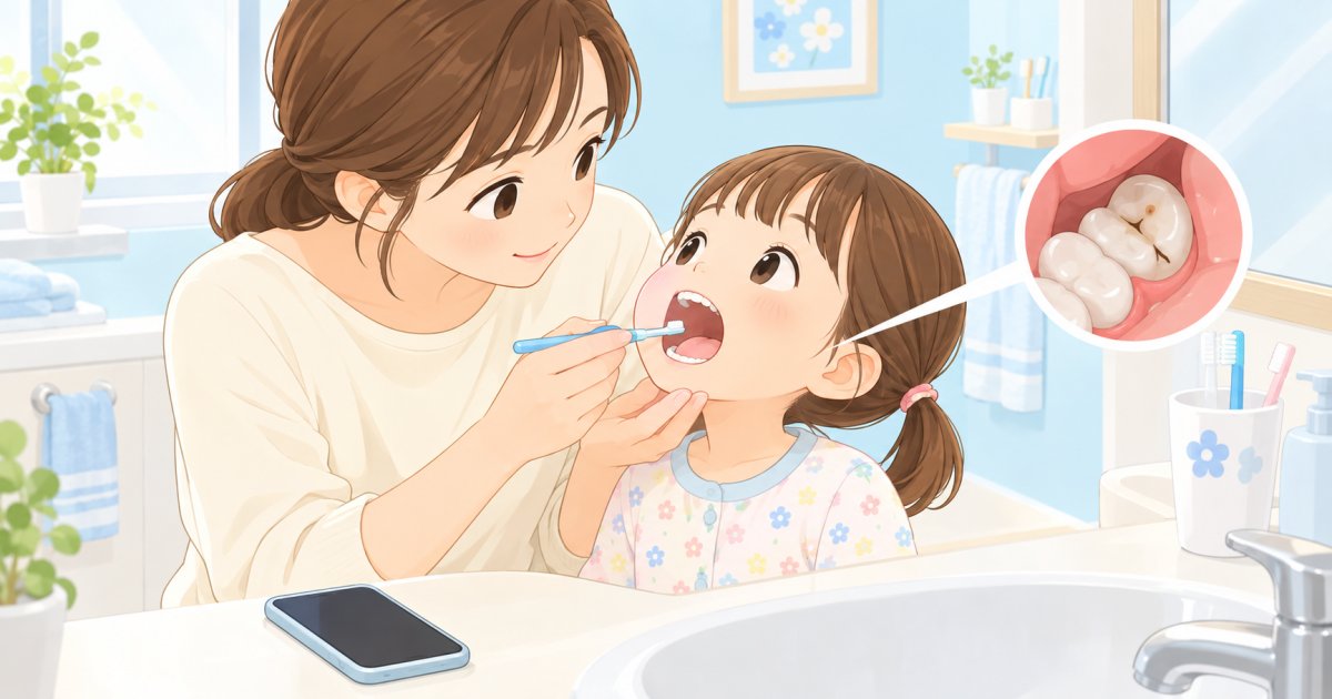 娘の乳歯に黒い筋・茶色い点…むし歯？着色？家庭での対応と受診目安